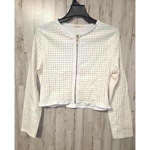 Carmin size L Zip Crop Jacket Top Studded Stretch Cotton Faux-leather Trim Crop